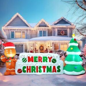 10' Christmas Inflatable Gingerbread Man & Christmas Tree w Merry Christmas Sign